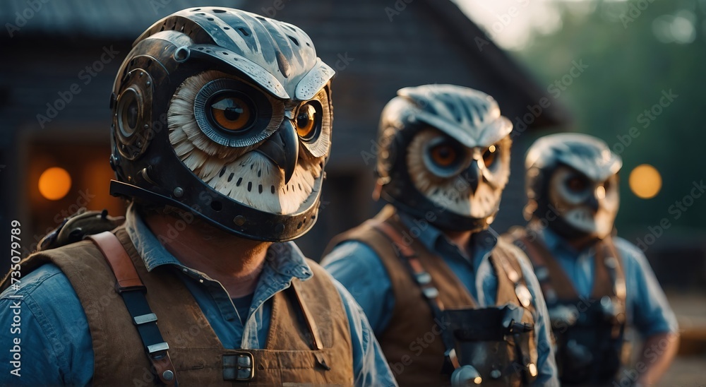 Owl builders, wearing in working form and helms