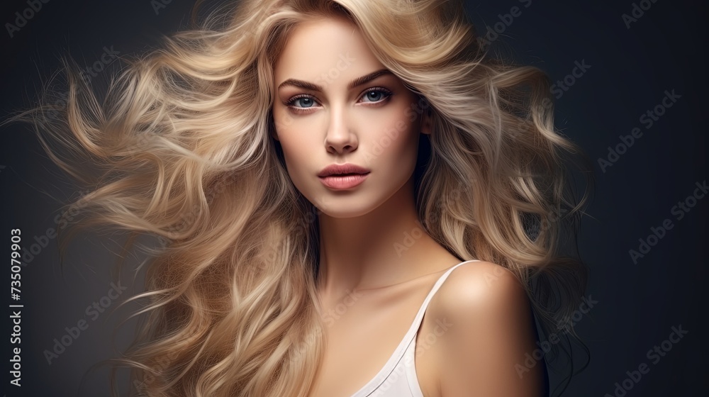 Amazing woman portrait. Beautiful girl with long wavy hair. Blonde model with hairstyle