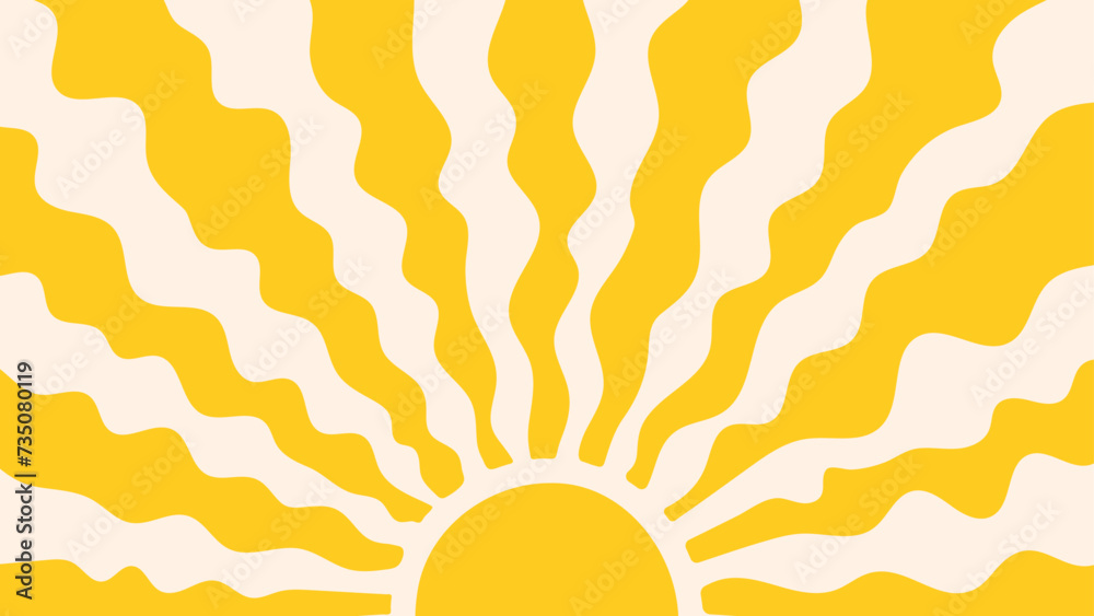 Groovy, hippie, retro sunny background. Abstract hand drawn doodle sunshine shapes in trendy childishly, naive art style. Contemporary summer poster, banner, vector template.
 - obrazy, fototapety, plakaty 