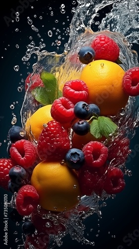 Various berries and fruits in a stream of clear water. Fruit and berry cocktail . High resolution