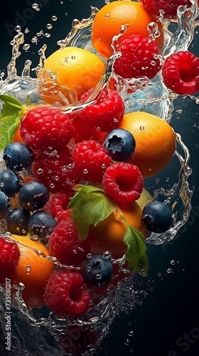 Various berries and fruits in a stream of clear water. Fruit and berry cocktail . High resolution