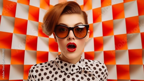 Attractive surprised young woman wearing sunglasses on checkered background, beauty and fashion concept