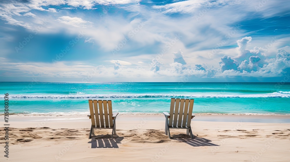 Beautiful beach, chairs on the sand near the sea, summer vacation and vacation concept for tourism, tropical landscape, inspirational