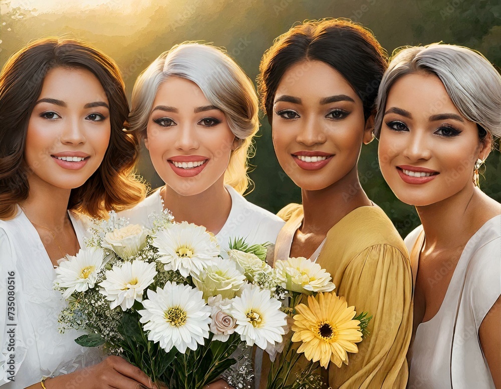 Portret czterech kobiet w różnym wieku i o różnym kolorze skóry i pochodzeniu etnicznym trzymających w dłoniach kwiaty. Dzień kobiet - obrazy, fototapety, plakaty 