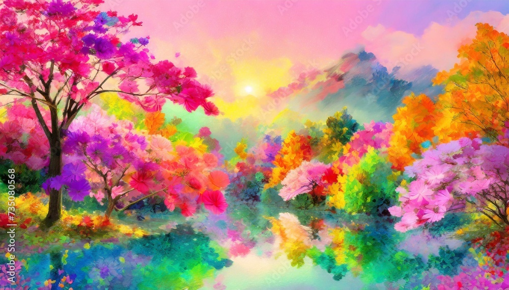 Abstrakcyjny kolorowy krajobraz z drzewami, jeziorem i górami - obrazy, fototapety, plakaty 