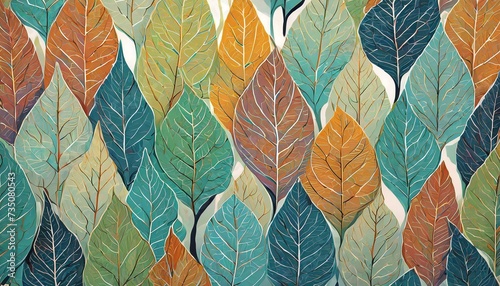 Kolorowe jesienne liście ułożone w rzędach, nakładające się na siebie. Grafika, tapeta, tło