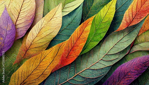 Oblong colorful leaves overlapping each other. Wallpaper, background