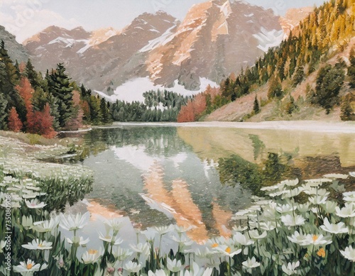 Górski krajobraz z jeziorem i kwiatami. Ilustracja w odcieniach beżu, brązu i zieleni