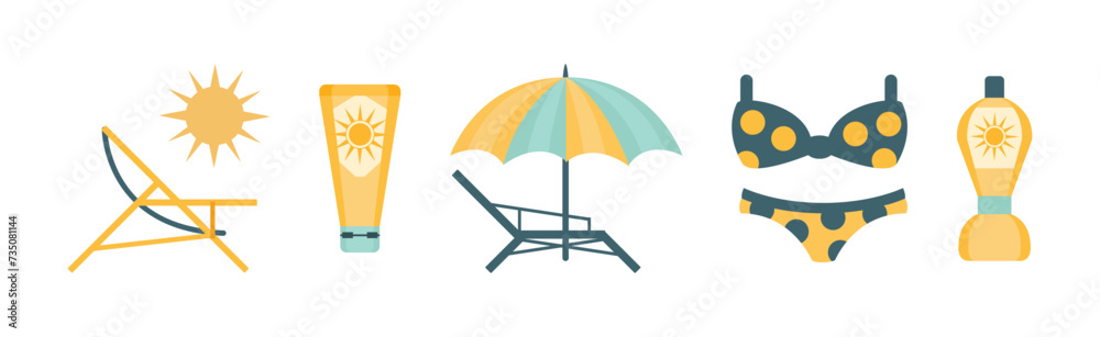 Sun Ultraviolet Protection at Summer Beach Icon Vector Set