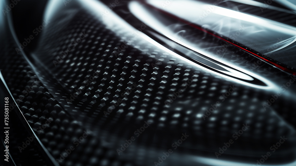 Close-up macro photo of dark, cool carbon fiber material on a sports car's curves with gentle gray smoke rising from tires. Light is reflecting off the material, creating a bright contrast.