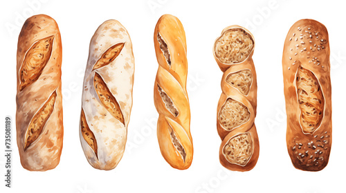 Bread, bakery product  in watercolor style. Buns, baguettes, bread, pastries, and other baked goods. Vintage watercolor concept for a bakery or cafe menu design photo
