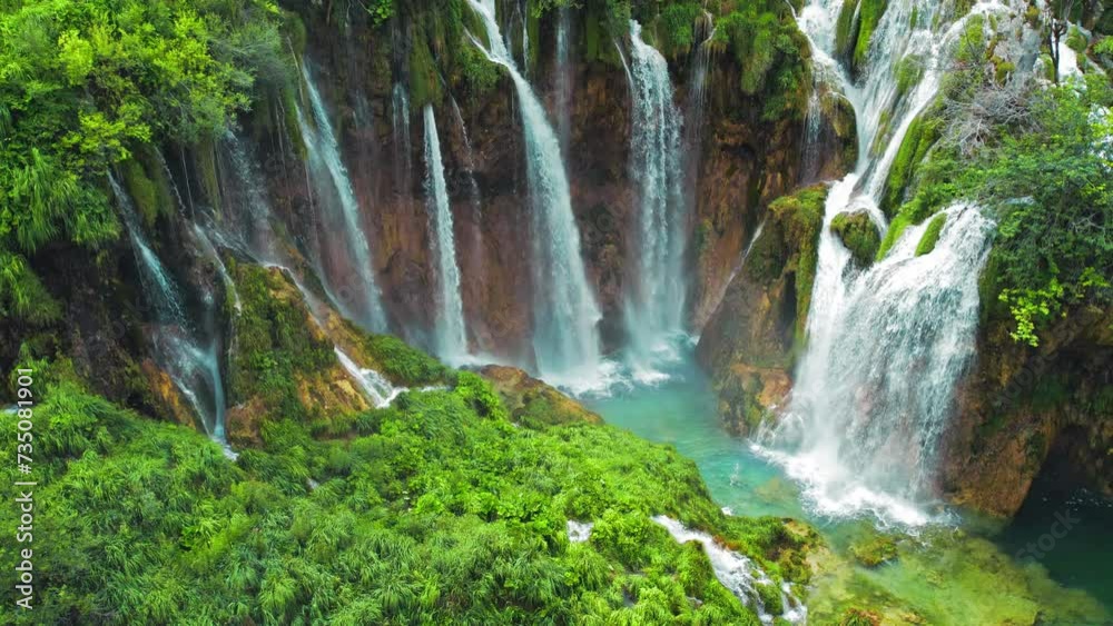 Waterfalls in green mountain forest landscape with streams of water. Cascades flow among lush greenery in spring or summer.