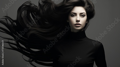 Black and white fashion art studio portrait of beautiful elegant woman in black turtleneck. Hair is collected in high beam. Elegant ballet style