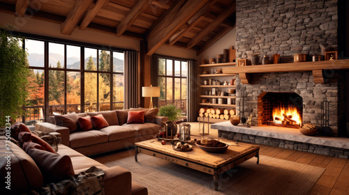 A snug retreat unfolds with a stone hearth, sumptuous sofas, and a soft glow, crafting a tranquil sanctuary that melds rustic charm with the essence of homely repose.