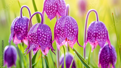 Purple and pink checkered Fritillaria Meleagris in a fresh spring setting photo