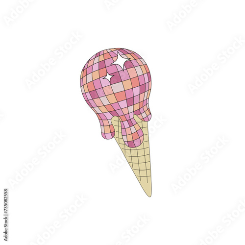 Groovy sparkling ice cream cone shape mirror disco ball vector illustration isolated on white. Retro party 60s 70s 80s cowgirl disco print poster postcard design.
