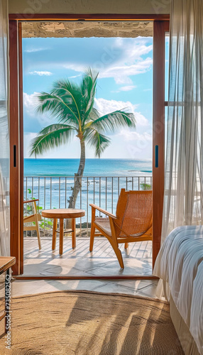 Seaside Balcony View with Curtains..Serene scene overlooking tranquil sea