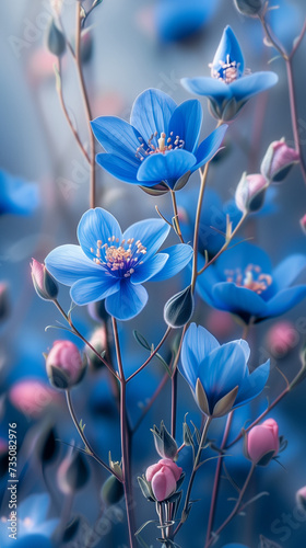 Blue Spring Flowers with Pastel Tones, beautiful background, vertical orientation
