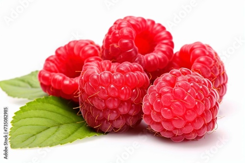 Red raspberries with green leaf isolated on white background. Full depth of field. Generative AI