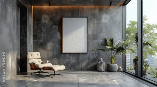 A Brutalist, minimalist room with grunge design, featuring a cozy chair, sleek elements, concrete walls, and natural light from large windows.