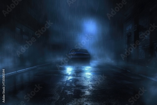 Escape car. Midnight road or alley with a car driving away in the distance. Wet hazy asphalt road or alley. crime, midnight activity concept. photo
