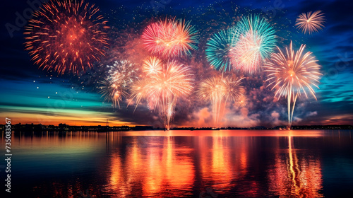 a fireworks display in the sky over a lake © Vahe