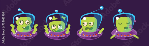 Funny Green Alien in Ufo Shuttle with Antenna Vector Set