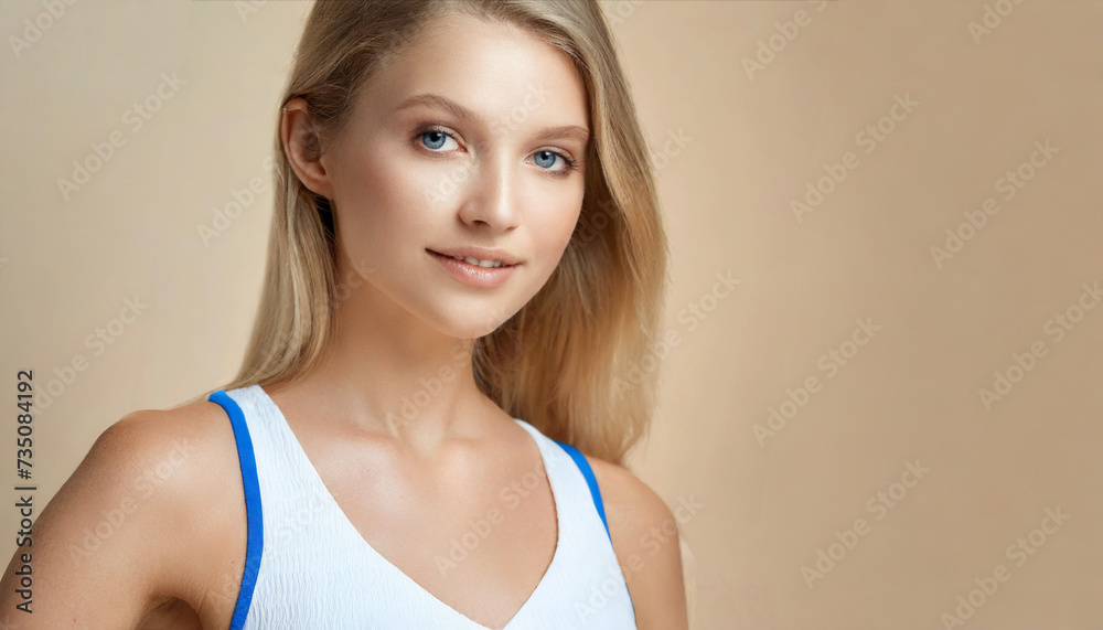 Young blonde blue eye woman standing on beige color background. Young blonde blue eye woman standing on beige color background.