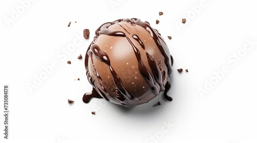 Chocolate ice cream ball and chocolate sauce isolated on white background, top view
