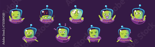 Funny Green Alien in Ufo Shuttle with Antenna Vector Set