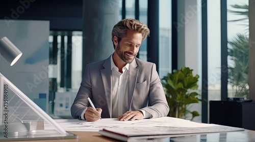 Confident smiling architect in formal wear dreaming and working with blueprint papers and drawings in modern lightful office photo