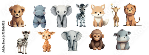Adorable Collection of Illustrated Baby Animals Including a Lion Cub, Hippo, Elephant, Zebra, Fox, and Giraffe in Various
