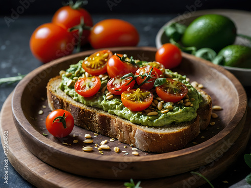 Pesto-infused avocado toast topped with cherry tomatoes and a sprinkle of pine nuts.