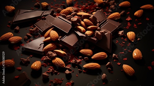 Dark chocolate pieces with roasted almonds scattered around on brown background photo