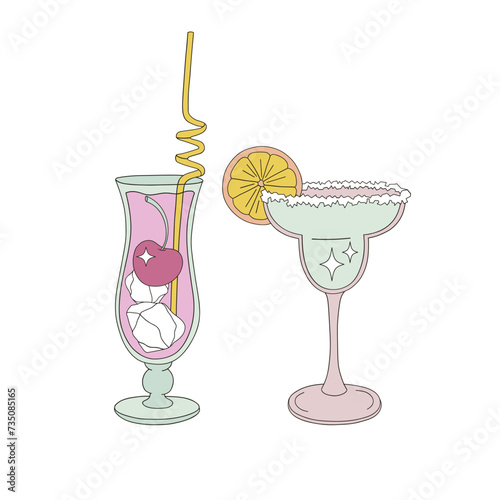 Groovy retro party old fashioned cocktails in margarita and hurricane glasses vector illustration set isolated on white. Classic alcoholic beverage aperetif drinks for bar menu print collection.