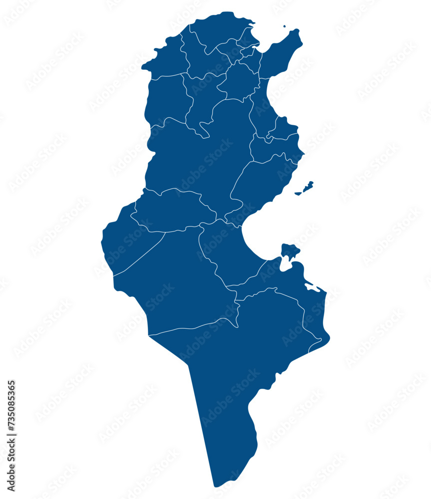Tunisia map. Map of Tunisia in administrative provinces in blue color Tunisia map. Map of Tunisia in administrative provinces in blue color