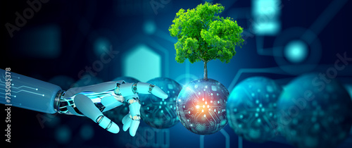 Robot hand pointing a digital ball with tree against nature with digital convergence and technology background. Ecology, Energy, Environment, Green Technology, and IT ethics Concept. photo