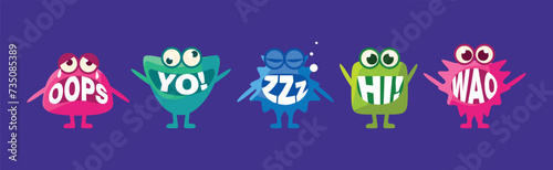 Monster with Words In Mouth Funny Character on Blue Background Vector Set © topvectors