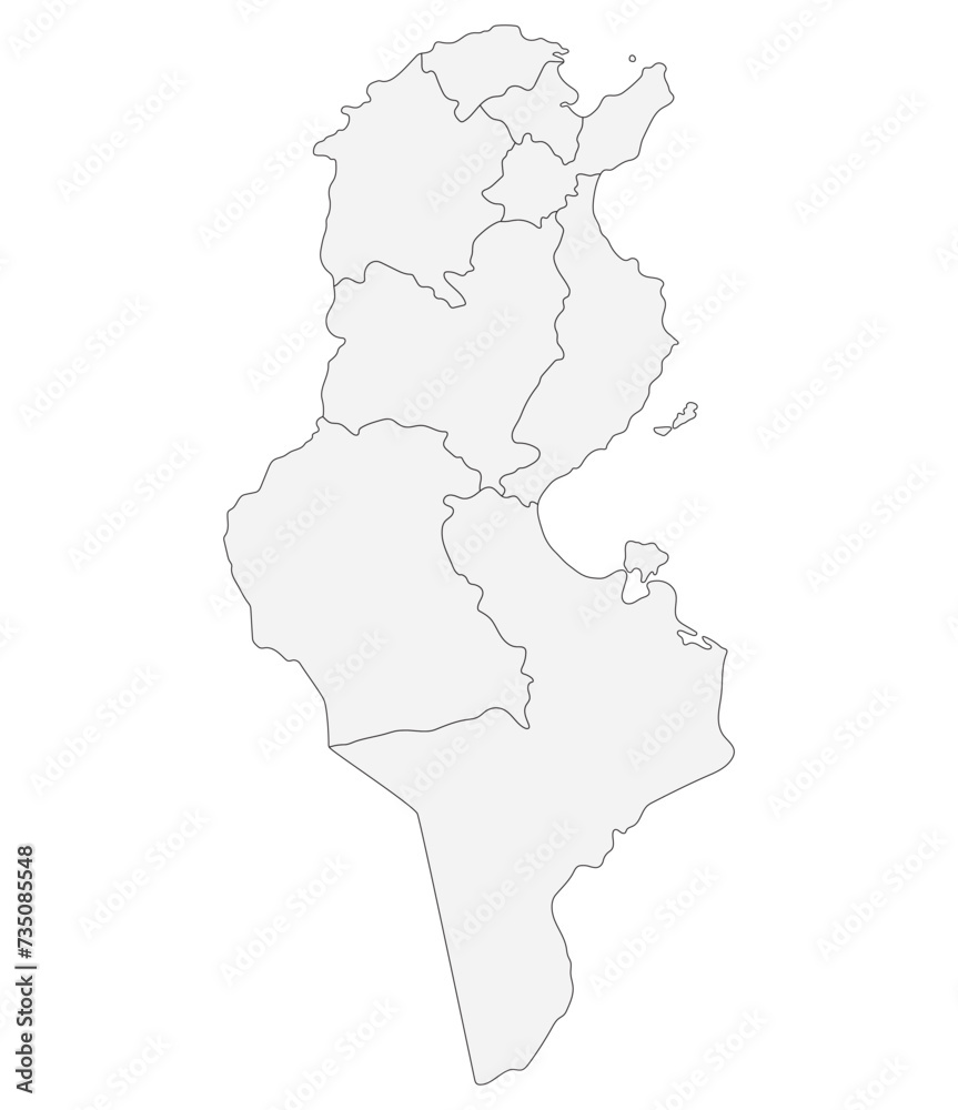 Tunisia map. Map of Tunisia in four main regions in white color