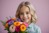 A girl smiling with a bouquet of flowers. Generative AI