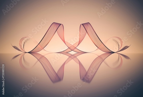 Some pink ribbons have been separated into the shape of a heart, giving awareness, embodying abstract minimalism appreciator, in beige and light beige colors. photo