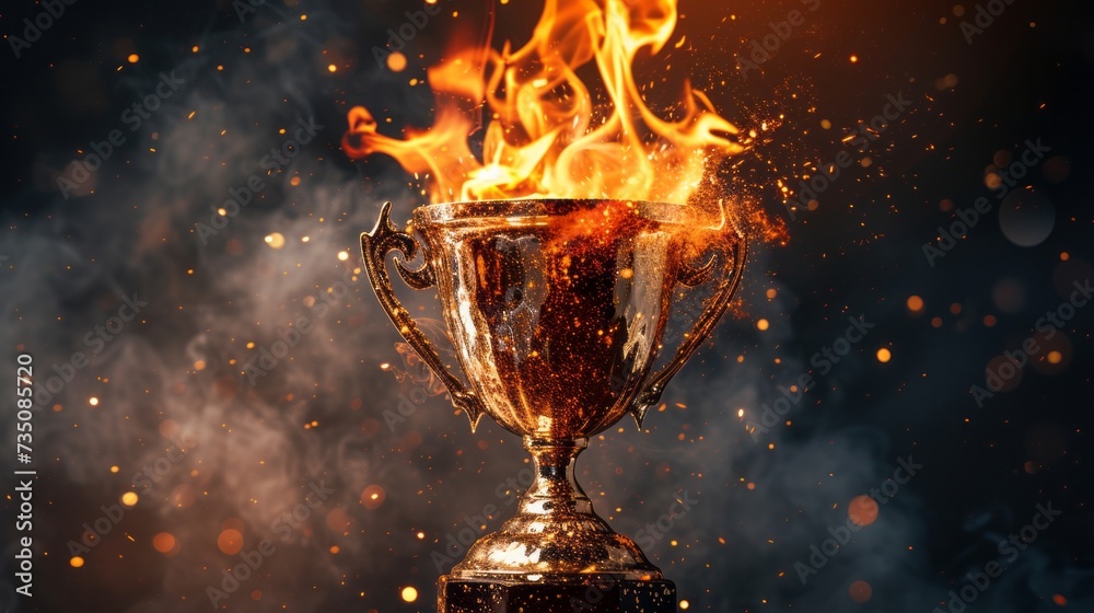 The flames igniting a trophy, featuring color photography pioneer, energetic gestures, and award-winning elements in dark gold and gray.