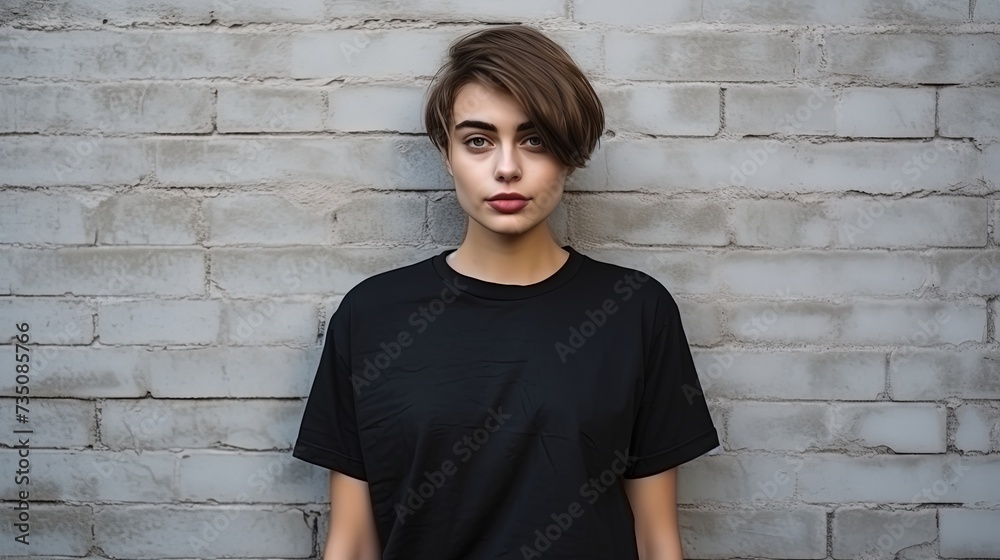 Fashionable girl with red lipstick and short hair and dressed in a black T-shirt, standing on the cement wall background Fashionable girl with red lipstick and short hair and dressed in a black T-shirt, standing on the cement wall background