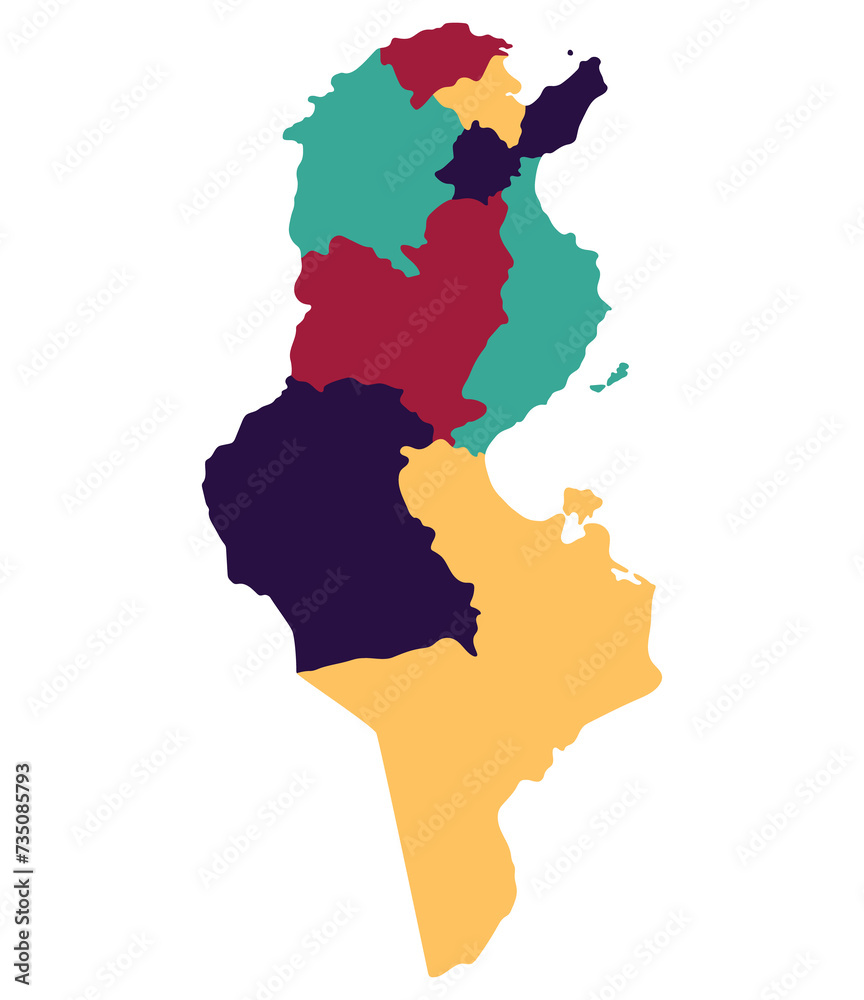 Tunisia map. Map of Tunisia in four main regions in multicolor