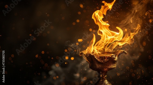 Fotografiet Flames ignite a trophy, symbolizing achievement with a style characterized by dark gold and gray tones