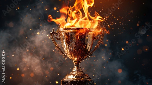 The flames igniting a trophy, featuring color photography pioneer, energetic gestures, and award-winning elements in dark gold and gray.