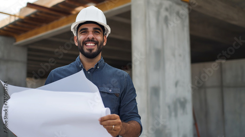 Retrato de um engenheiro masculino feliz segurando plantas no canteiro de obras photo