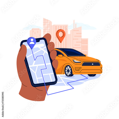 Carsharing service in smartphone. People rent car. Automobile sharing, rental booking in phone app. Route, road to auto on map. City transport. Flat isolated vector illustration on white background