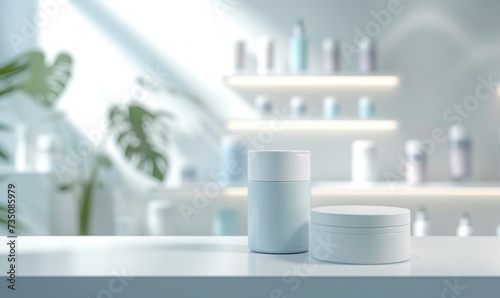 Two empty containers, displaying various products, are presented with futuristic optics in light indigo and white, captured with a soft focus lens for a blurred, calm, and serene beauty. © Duka Mer