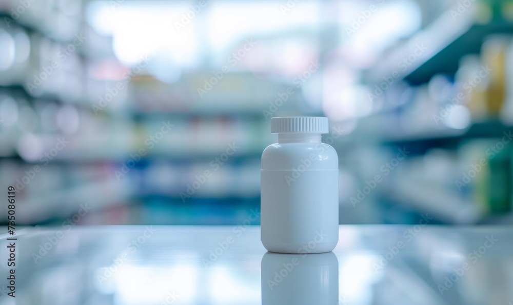 A white medicine bottle' on a table in a pharmacy, embodying futuristic glam, light azure and gray colors, blurred landscapes, and multilayered surfaces.
